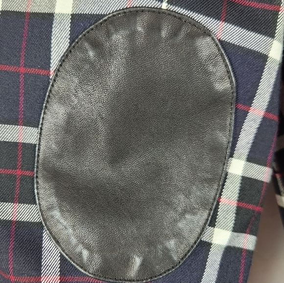 Alice + Olivia Savetta Plaid Windowpane Lamb Leather Elbows Blazer Navy Large - Picture 10 of 16